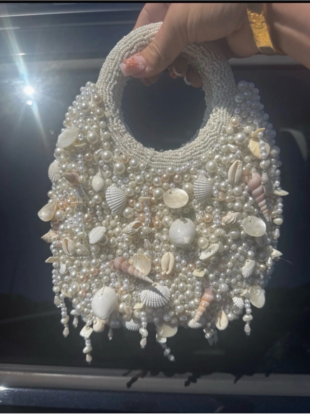 Pearl & Shell Embellished White Handheld Bag